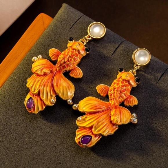Statement Goldfish Earrings – Hand-Painted Enamel & Pearl Detail - Picture 8 of 10